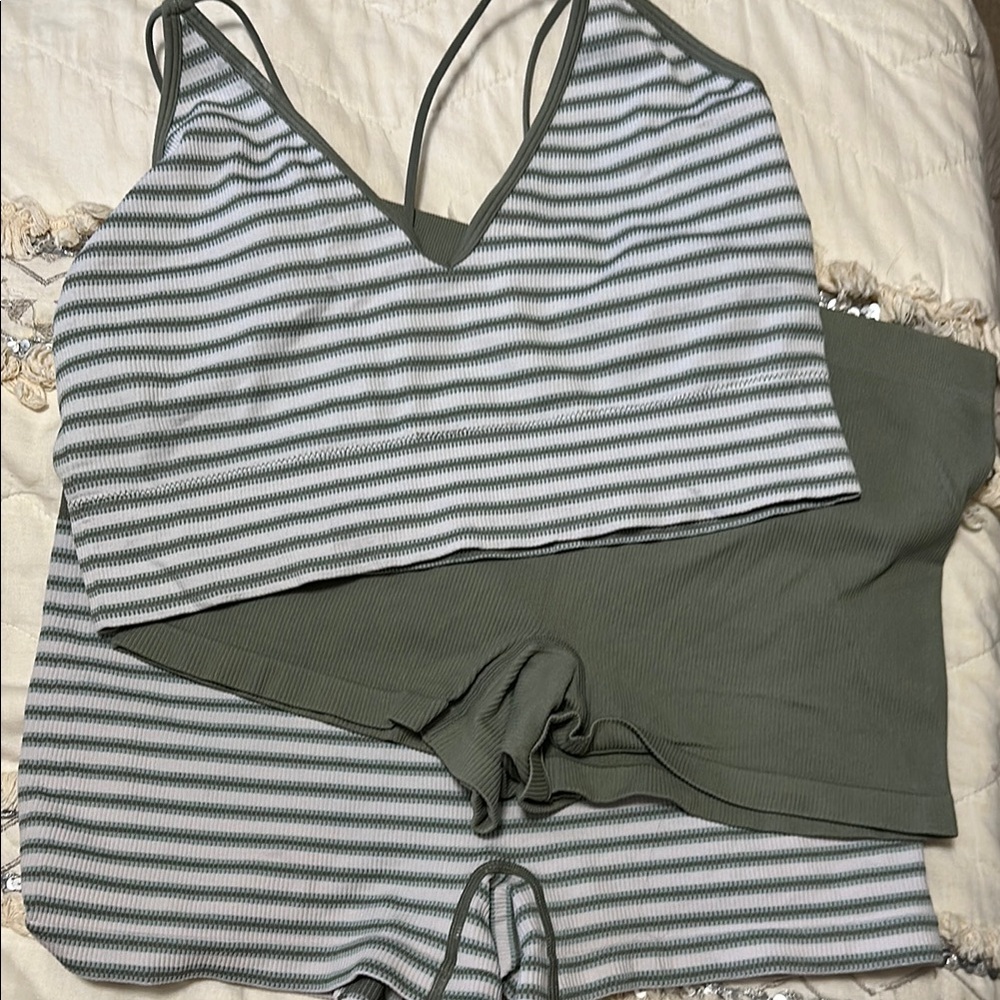 No Boundaries Green and White Pajama Set with Stripes